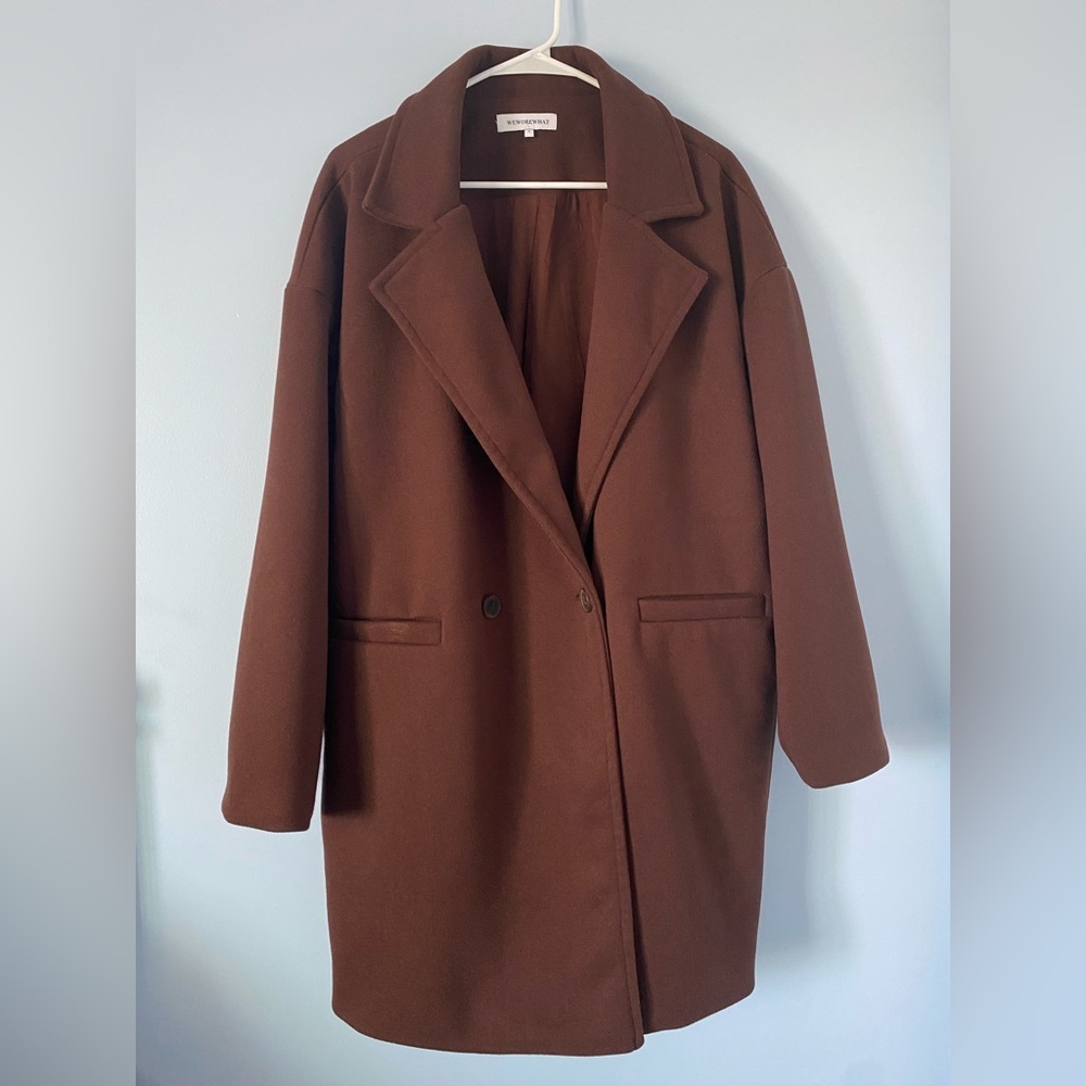 We Wore what Chocolate Brown Oversized Dropped Shoulder Faux Wool Jacket Coat - Picture 3 of 10
